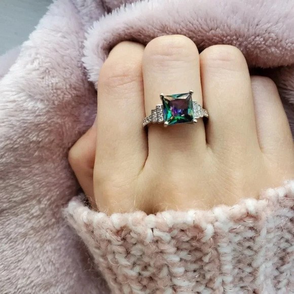 925 Sterling Silver Mystic Topaz Princess Cut Ring - Picture 3 of 5